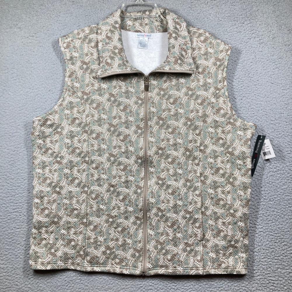 Hasting & Smith Vest Women 2X Tan Green Quilted Full Zip Paisley Pockets New
